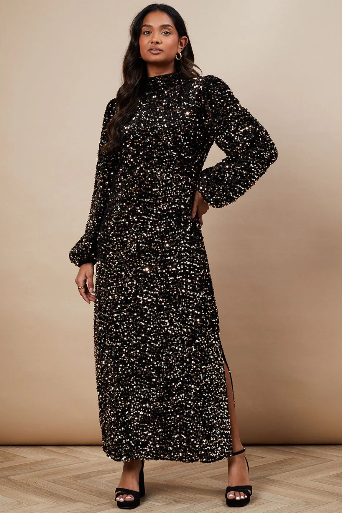 Robe Mi-Longue Col Montant en Velours à Paillettes pour Occasions Spéciales