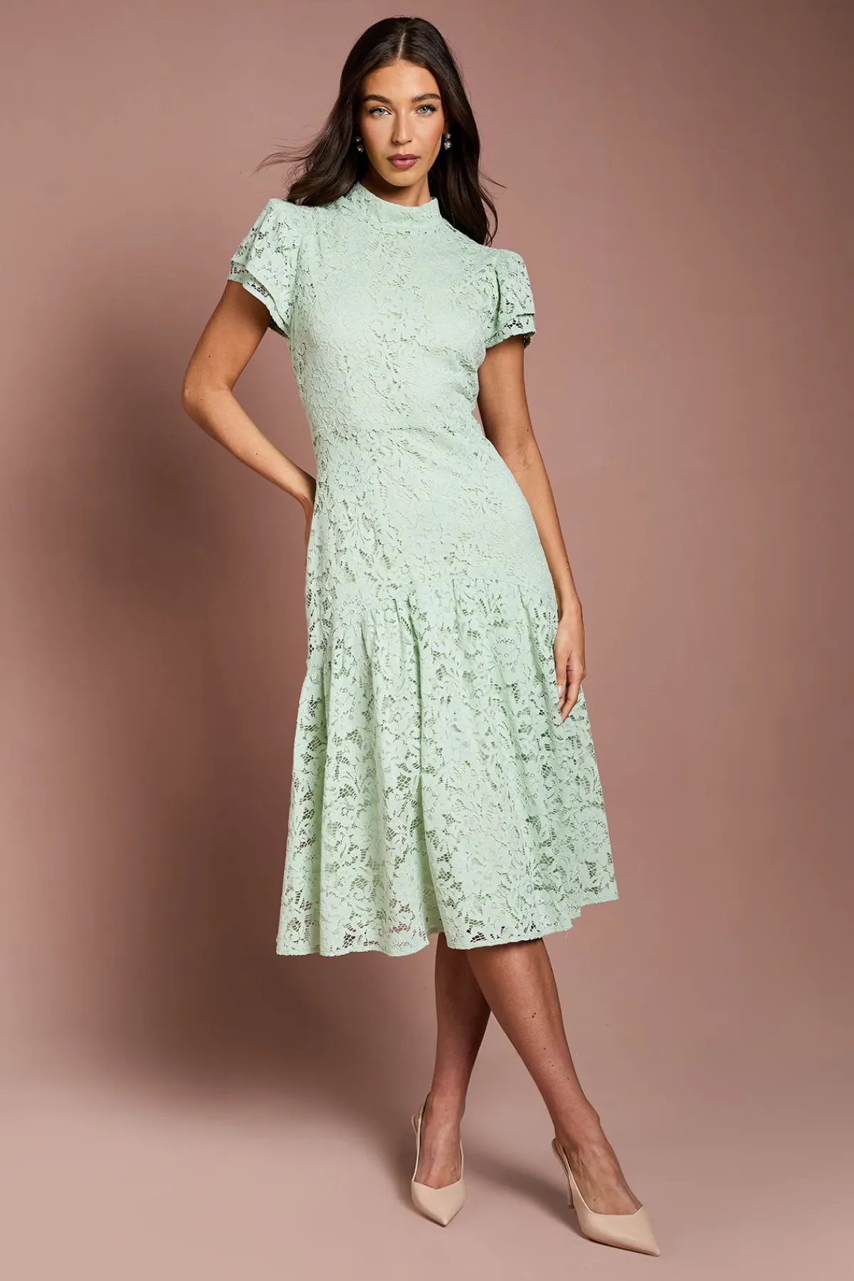 Coast Robe Mi-longue Col Montant à Manches Volantées en Dentelle<Femme Toutes Les Robes|Robes Mi-Longues