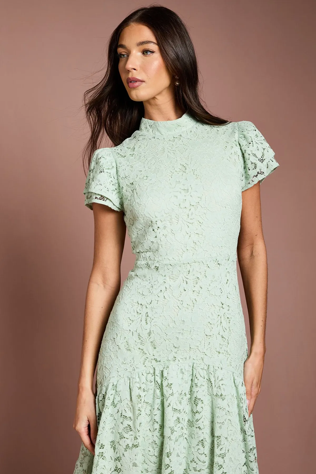 Coast Robe Mi-longue Col Montant à Manches Volantées en Dentelle<Femme Toutes Les Robes|Robes Mi-Longues