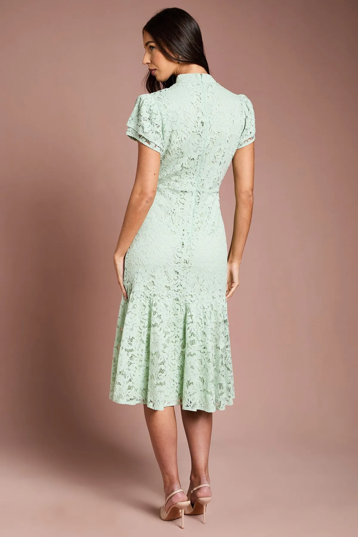 Coast Robe Mi-longue Col Montant à Manches Volantées en Dentelle<Femme Toutes Les Robes|Robes Mi-Longues