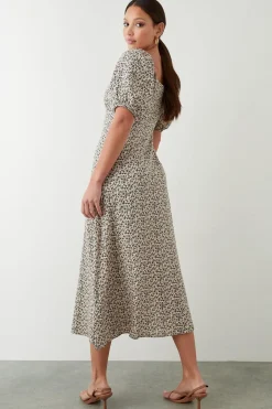 Robe Mi-Longue à Col Rond Froncé Motif Floral Ditsy