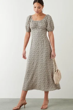 Robe Mi-Longue à Col Rond Froncé Motif Floral Ditsy