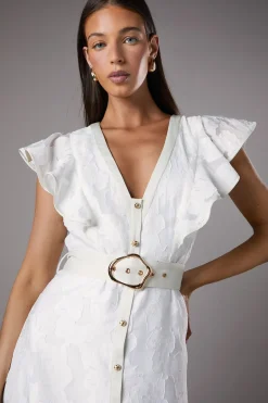 Robe Mi-Longue à Col V en Organza Jacquard Boutonnée