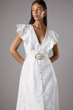 Robe Mi-Longue à Col V en Organza Jacquard Boutonnée