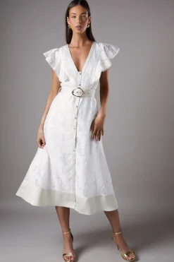 Robe Mi-Longue à Col V en Organza Jacquard Boutonnée