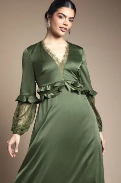 Robe Mi-Longue Col V à Manches en Dentelle et Taille Froncée