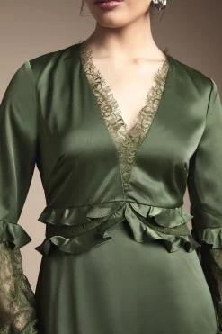 Robe Mi-Longue Col V à Manches en Dentelle et Taille Froncée
