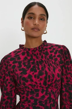 Robe Mi-Longue à Col Volants Imprimé Léopard Rose