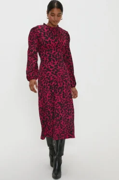 Robe Mi-Longue à Col Volants Imprimé Léopard Rose