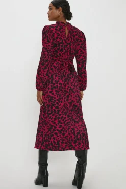 Robe Mi-Longue à Col Volants Imprimé Léopard Rose