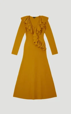 Robe Mi-Longue à Col V Volantée Aspect Laine Compacte