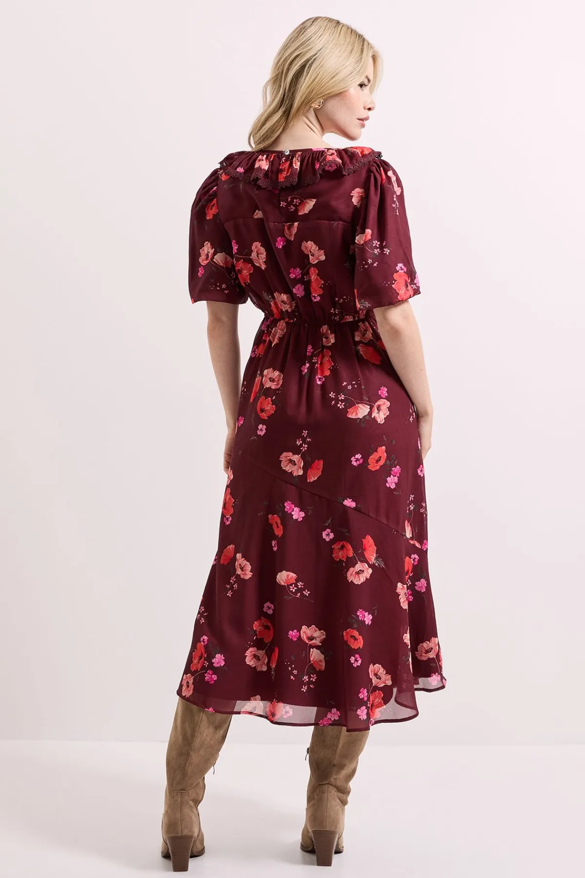 Dorothy Perkins Robe Mi-Longue à Col V Volantée et Manches Bouffantes<Femme Robes Mi-Longues|Robes