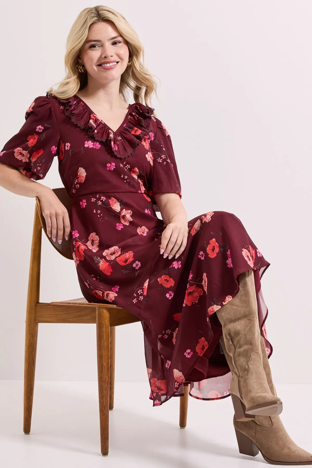 Dorothy Perkins Robe Mi-Longue à Col V Volantée et Manches Bouffantes<Femme Robes Mi-Longues|Robes