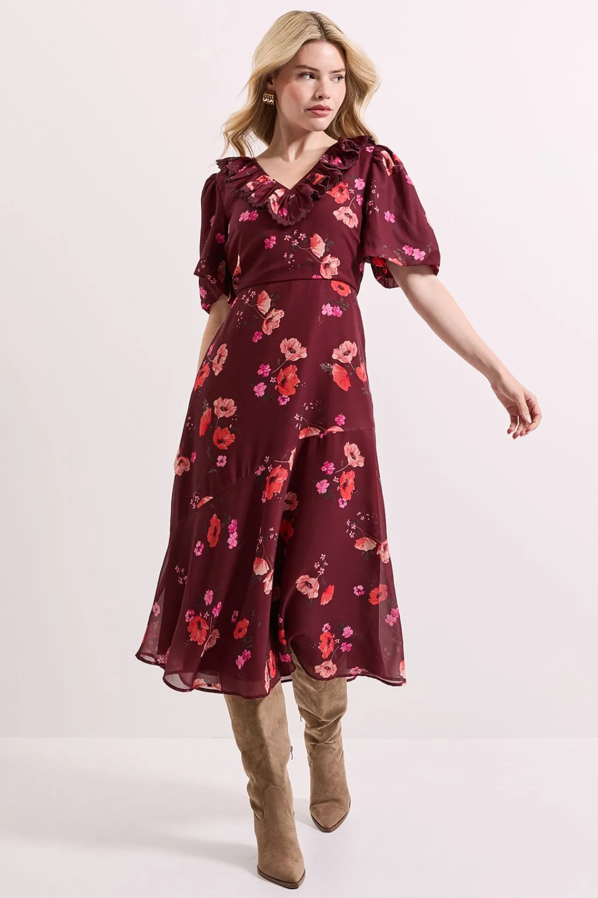 Dorothy Perkins Robe Mi-Longue à Col V Volantée et Manches Bouffantes<Femme Robes Mi-Longues|Robes