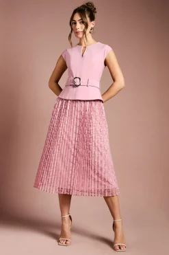 Robe Mi-Longue à Corsage Crêpe, Ceinture et Jupe Plissée en Dentelle