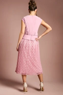 Robe Mi-Longue à Corsage Crêpe, Ceinture et Jupe Plissée en Dentelle