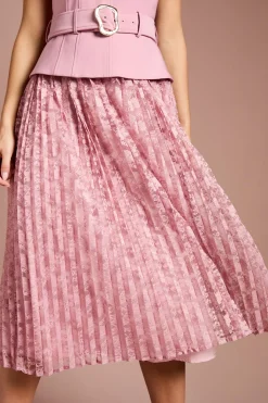 Robe Mi-Longue à Corsage Crêpe, Ceinture et Jupe Plissée en Dentelle