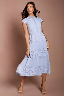 Robe Mi-Longue à Corsage en Dentelle et Jupe Plissée