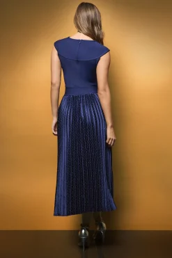 Robe Mi-longue à Corsage Tricoté et Jupe Plissée en Satin avec Strass Thermocollés