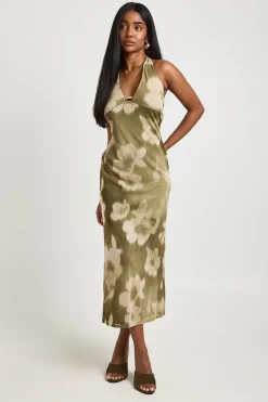boohoo Robe Mi-longue À Décolleté Plongeant En Mesh Imprimé Floral Avec Perles<Femme Robes De Soirée|Robes