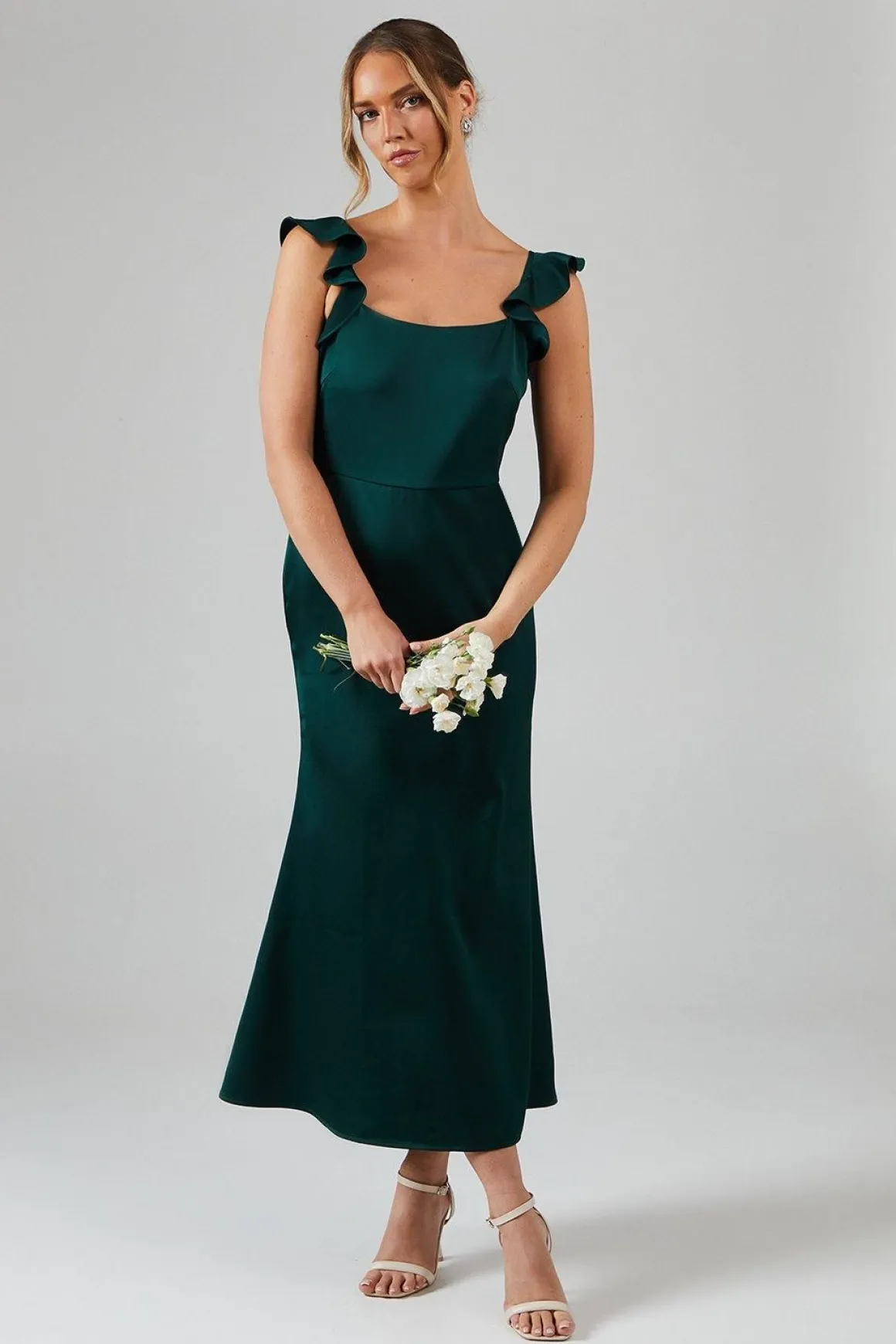 Robe Mi-Longue de Demoiselle d'Honneur en Satin à Encolure Carrée avec Volants