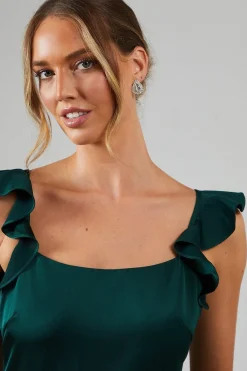 Robe Mi-Longue de Demoiselle d'Honneur en Satin à Encolure Carrée avec Volants