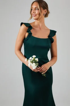 Robe Mi-Longue de Demoiselle d'Honneur en Satin à Encolure Carrée avec Volants