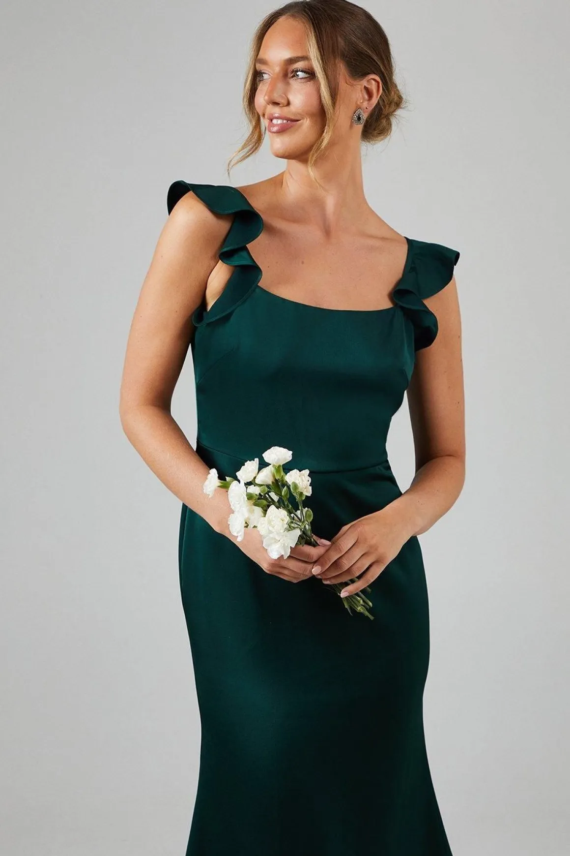 Robe Mi-Longue de Demoiselle d'Honneur en Satin à Encolure Carrée avec Volants