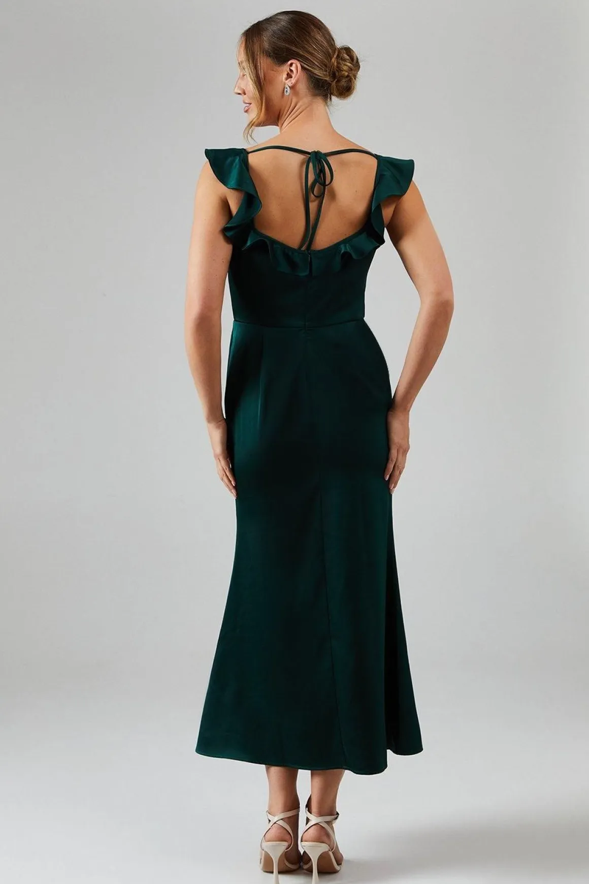 Robe Mi-Longue de Demoiselle d'Honneur en Satin à Encolure Carrée avec Volants