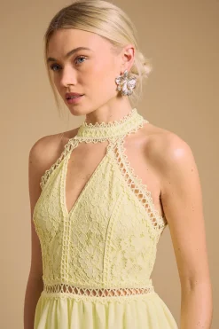 Robe Mi-Longue à Dentelle Étagée avec Col Licou