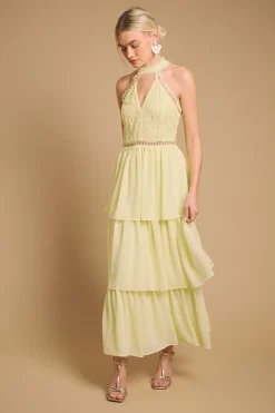 Robe Mi-Longue à Dentelle Étagée avec Col Licou