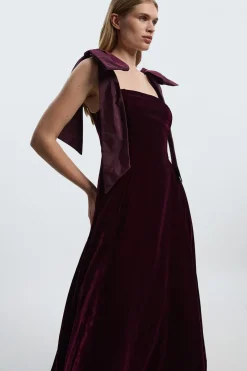 Robe Mi-Longue de Soirée Bardot en Velours Tissé avec Nœud en Taffetas