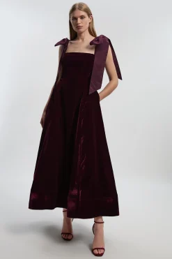 Robe Mi-Longue de Soirée Bardot en Velours Tissé avec Nœud en Taffetas