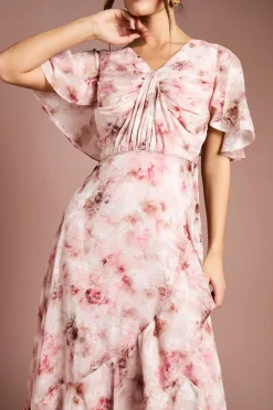 Coast Robe Mi-Longue à Devant Torsadé en Satin Jacquard Imprimé<Femme Robes Mi-Longues|Satin Et Dentelle