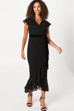 Wallis Robe Mi-Longue d'Occasion à Dentelle Volantée avec Ceinture en Velours<Femme Robes De Soirée|Toutes Les Robes