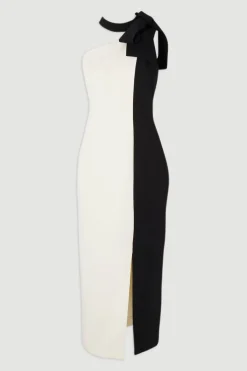 KarenMillen Robe Mi-Longue Douce à Blocs de Couleur avec Col Nœud Papillon Ajustée<Femme Tailleurs|Robes Mi-Longues