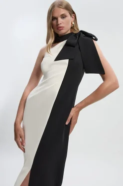 KarenMillen Robe Mi-Longue Douce à Blocs de Couleur avec Col Nœud Papillon Ajustée<Femme Tailleurs|Robes Mi-Longues