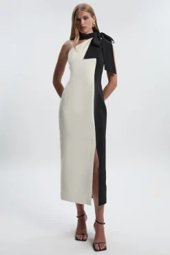KarenMillen Robe Mi-Longue Douce à Blocs de Couleur avec Col Nœud Papillon Ajustée<Femme Tailleurs|Robes Mi-Longues