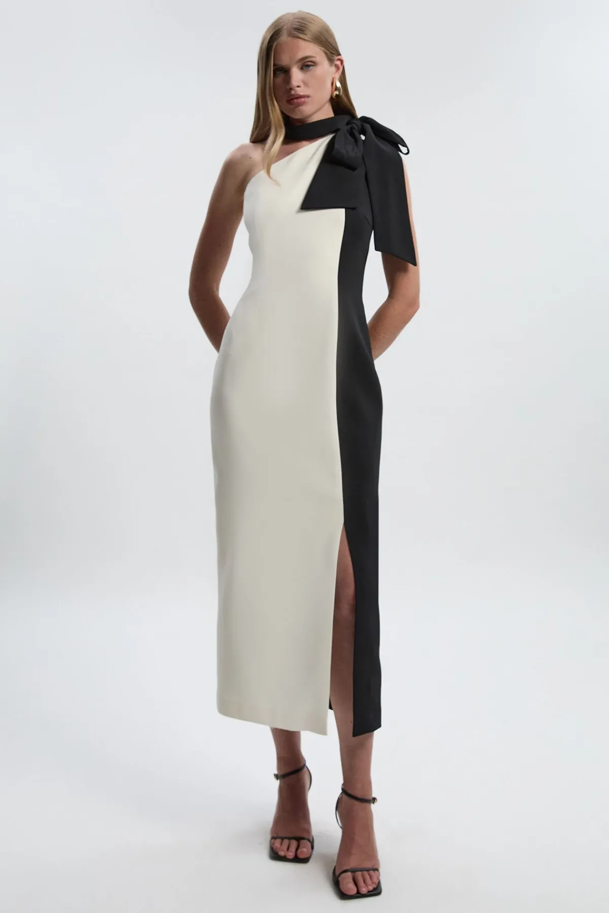 KarenMillen Robe Mi-Longue Douce à Blocs de Couleur avec Col Nœud Papillon Ajustée<Femme Tailleurs|Robes Mi-Longues