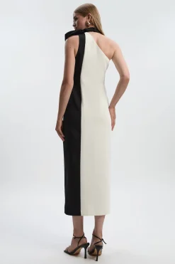 KarenMillen Robe Mi-Longue Douce à Blocs de Couleur avec Col Nœud Papillon Ajustée<Femme Tailleurs|Robes Mi-Longues