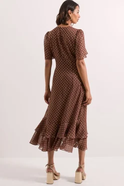 Robe Mi-longue DP Luxe en Mousseline à Pois Métallisés avec Ourlet à Volants