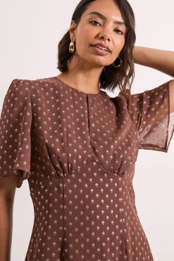 Robe Mi-longue DP Luxe en Mousseline à Pois Métallisés avec Ourlet à Volants