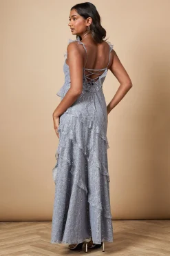 Robe Mi-Longue à Détails de Volants en Dentelle Pailletée