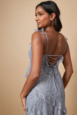 Robe Mi-Longue à Détails de Volants en Dentelle Pailletée