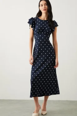 Robe Mi-Longue Empire en Jersey à Imprimé Pois Marine avec Manches à Volants