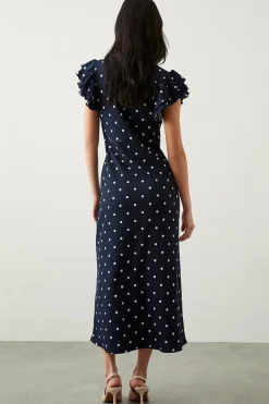 Robe Mi-Longue Empire en Jersey à Imprimé Pois Marine avec Manches à Volants