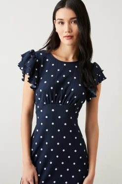Robe Mi-Longue Empire en Jersey à Imprimé Pois Marine avec Manches à Volants