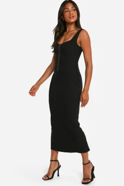 Robe mi-longue en bengaline à fines rayures avec fermeture à crochets et œillets