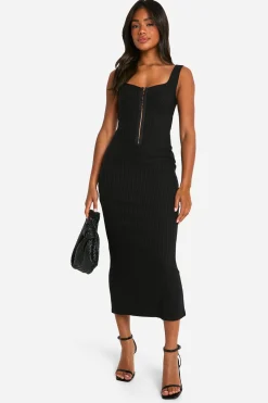 Robe mi-longue en bengaline à fines rayures avec fermeture à crochets et œillets