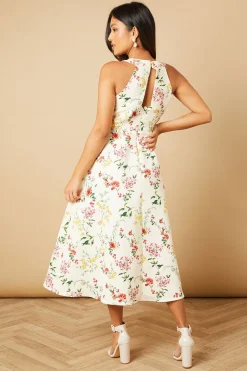 Robe Mi-Longue à Encolure Américaine en Sergé Ottoman à Motifs Floraux